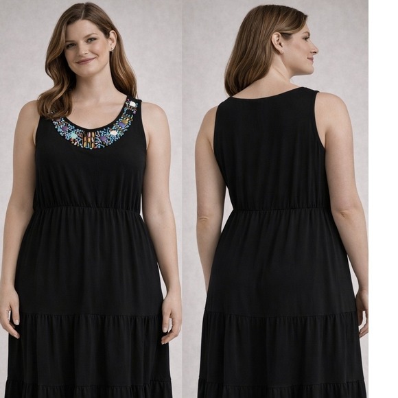 NY Collection Dresses & Skirts - NY Collection Embellished Tiered Dress Womens XL‎ Black Boho Beaded Neckline